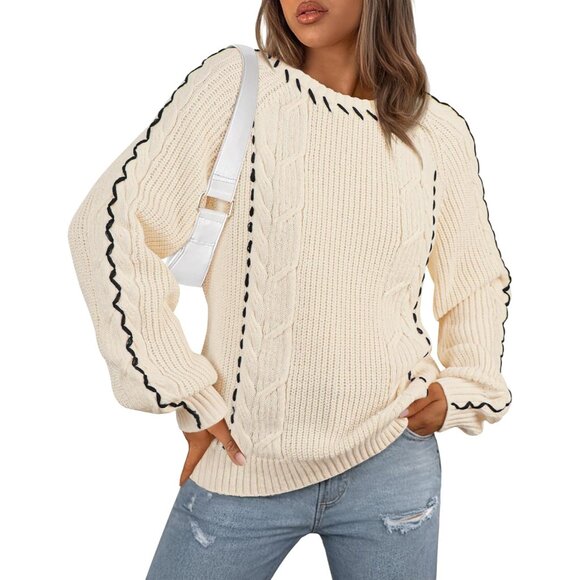 Chunky Cable Knit Oversized Sweater for Women - Cozy Color...